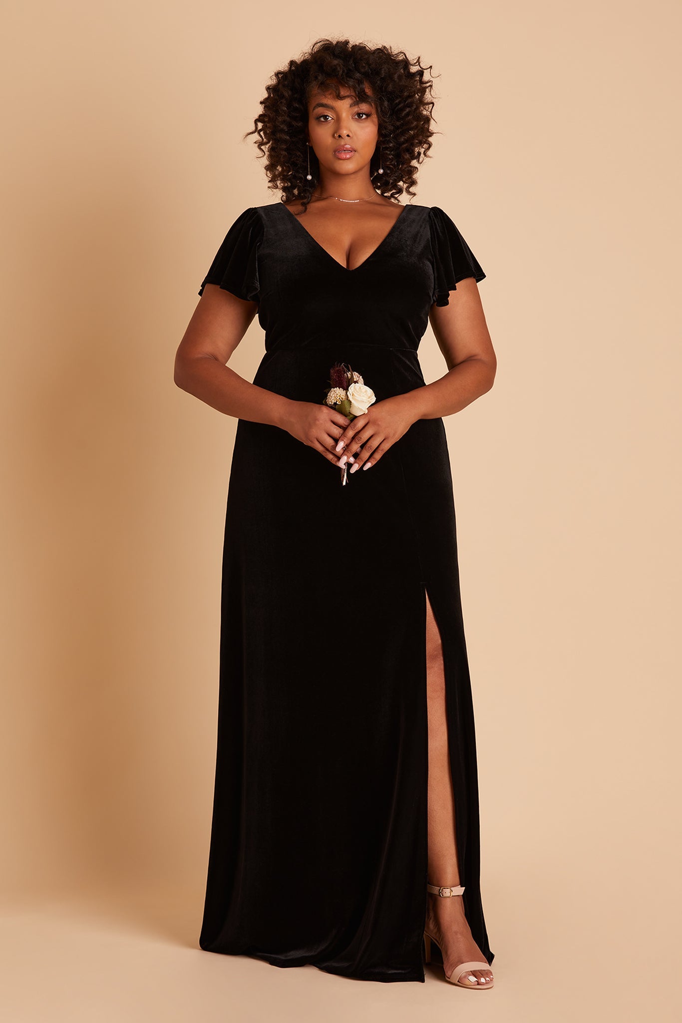 Hannah plus size bridesmaid dress with slit in black velvet by Birdy Grey, front view