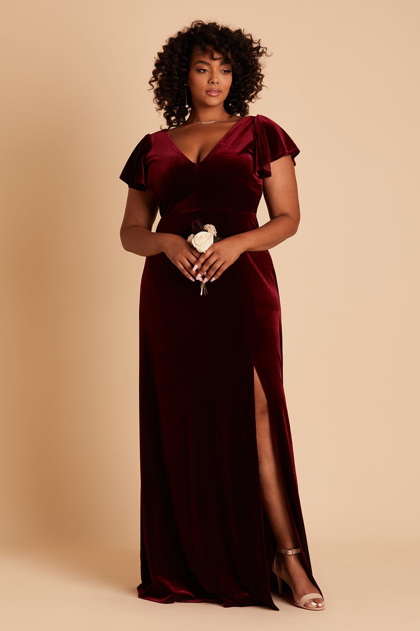 Hannah plus size bridesmaid dress with slit in cabernet velvet by Birdy Grey, front view