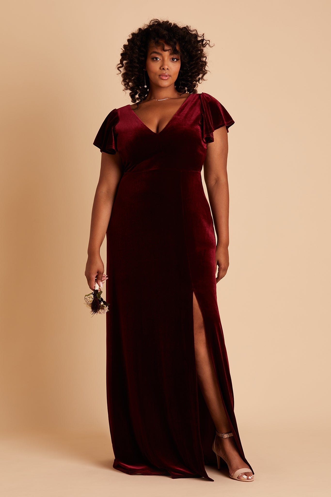 Hannah plus size bridesmaid dress with slit in cabernet velvet by Birdy Grey, front view