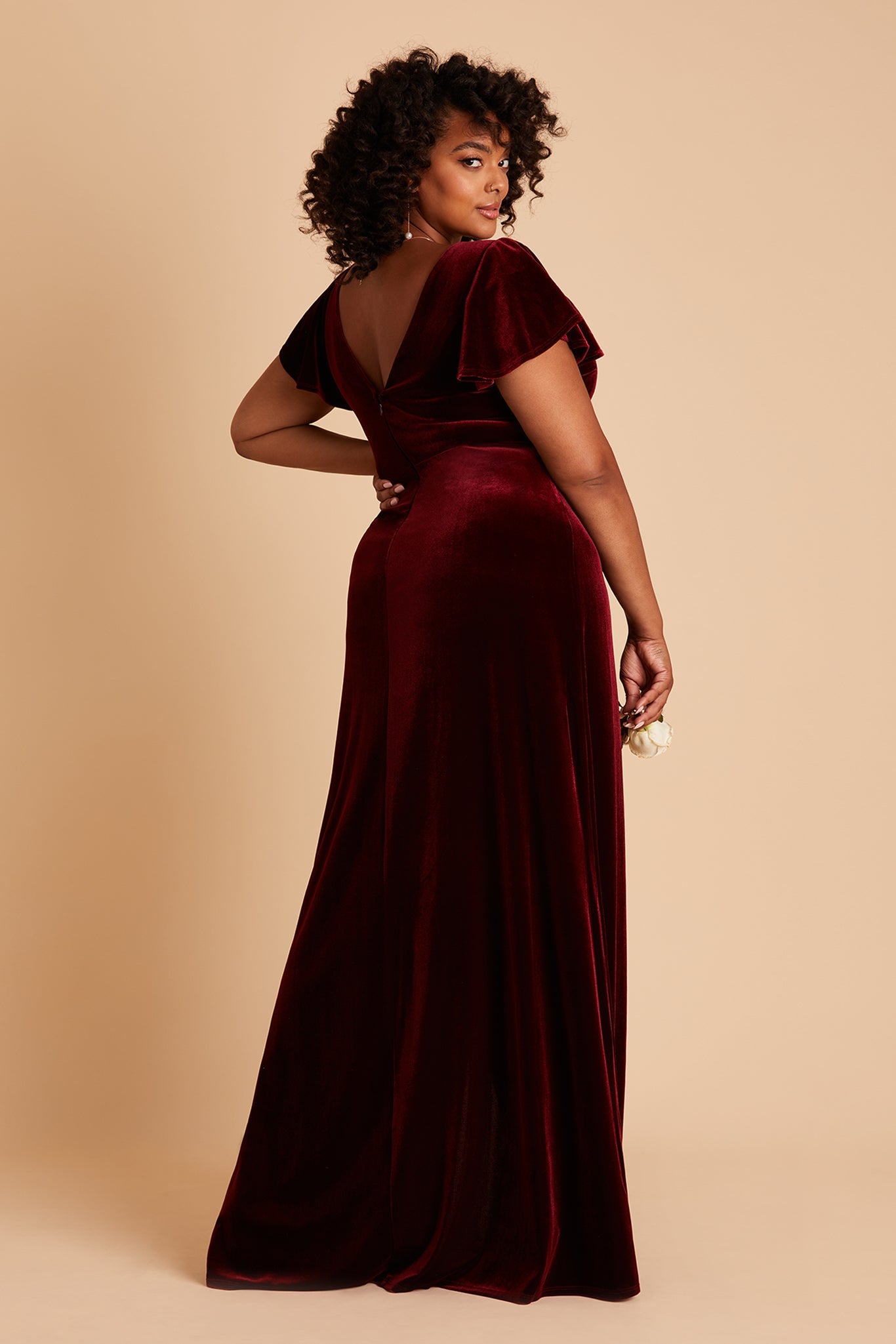 Hannah plus size bridesmaid dress with slit in cabernet velvet by Birdy Grey, side view