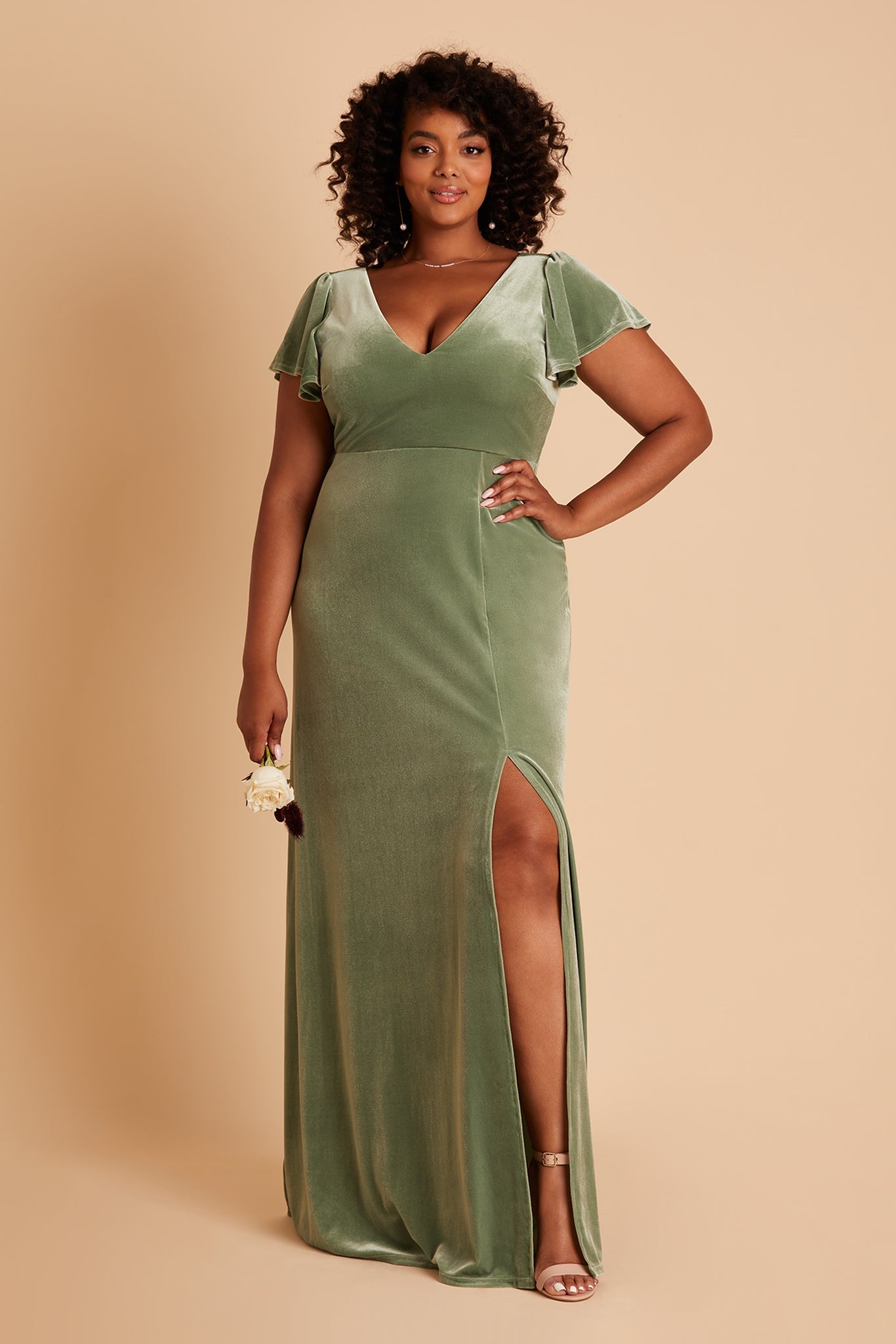 Hannah plus size bridesmaid dress with slit in dark sage velvet by Birdy Grey, front view