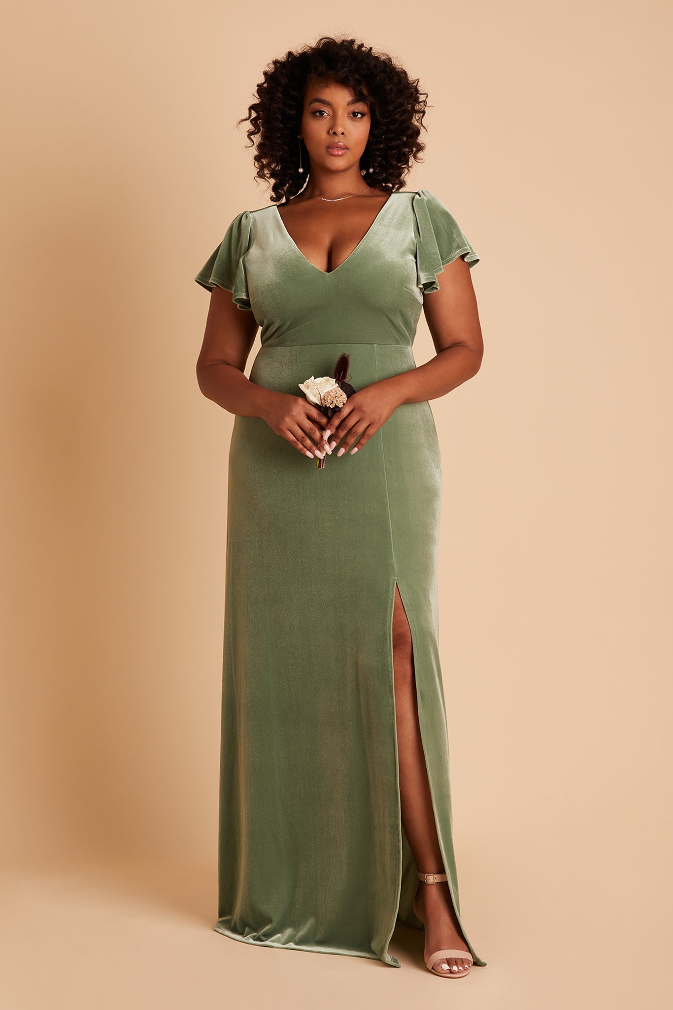 Hannah plus size bridesmaid dress with slit in dark sage velvet by Birdy Grey, front view