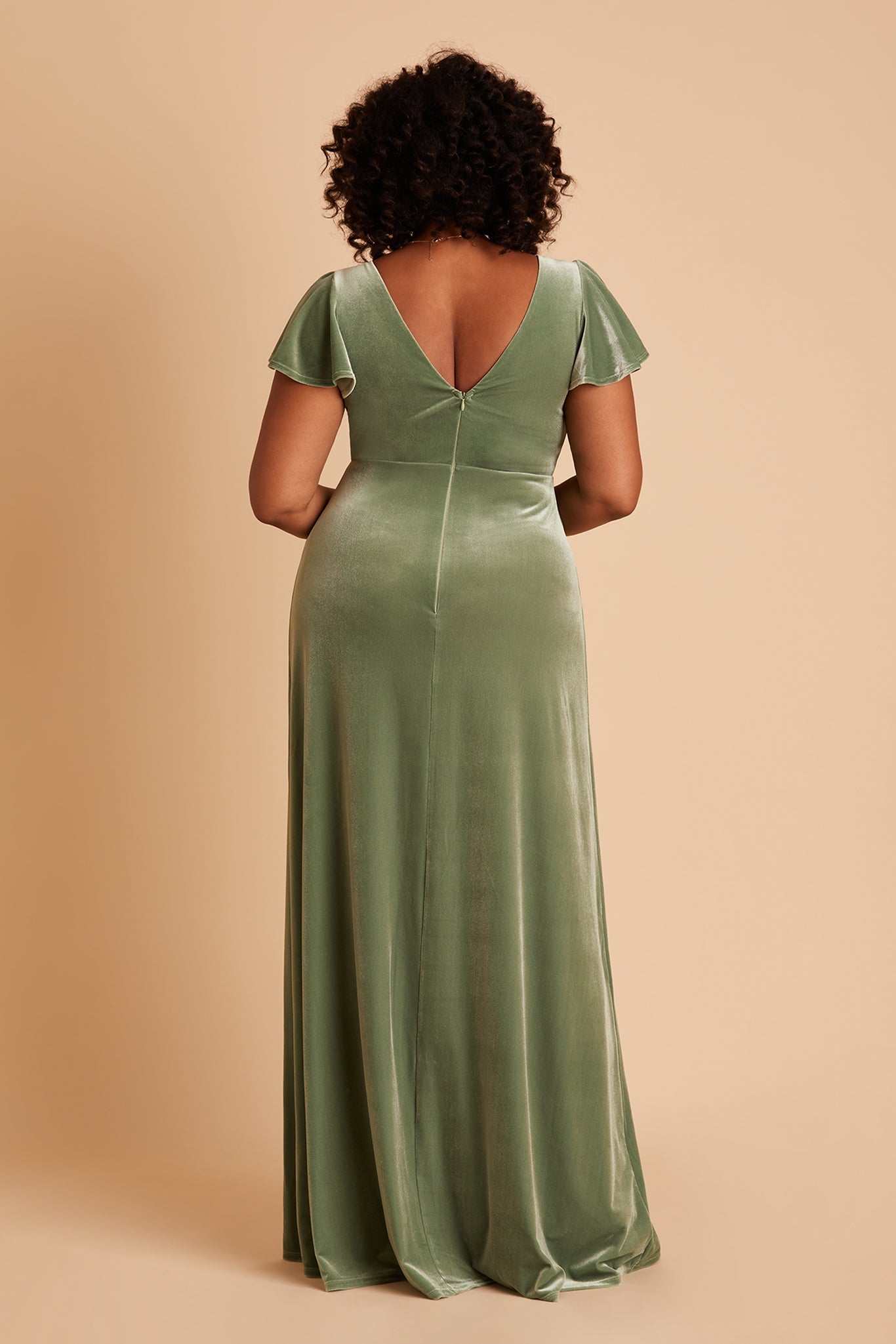 Hannah plus size bridesmaid dress with slit in dark sage velvet by Birdy Grey, back view