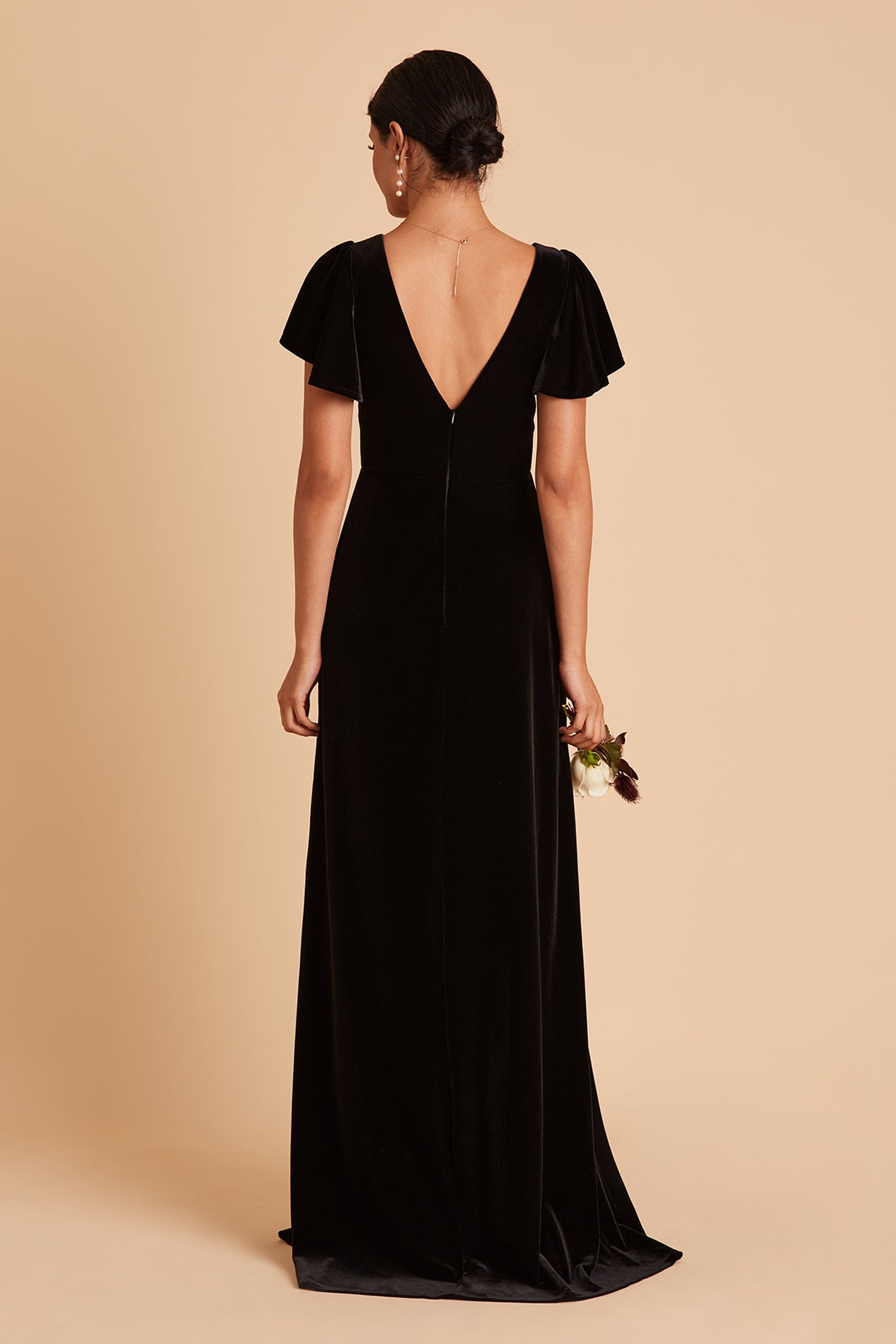 Hannah bridesmaid dress with slit in black velvet by Birdy Grey, back view