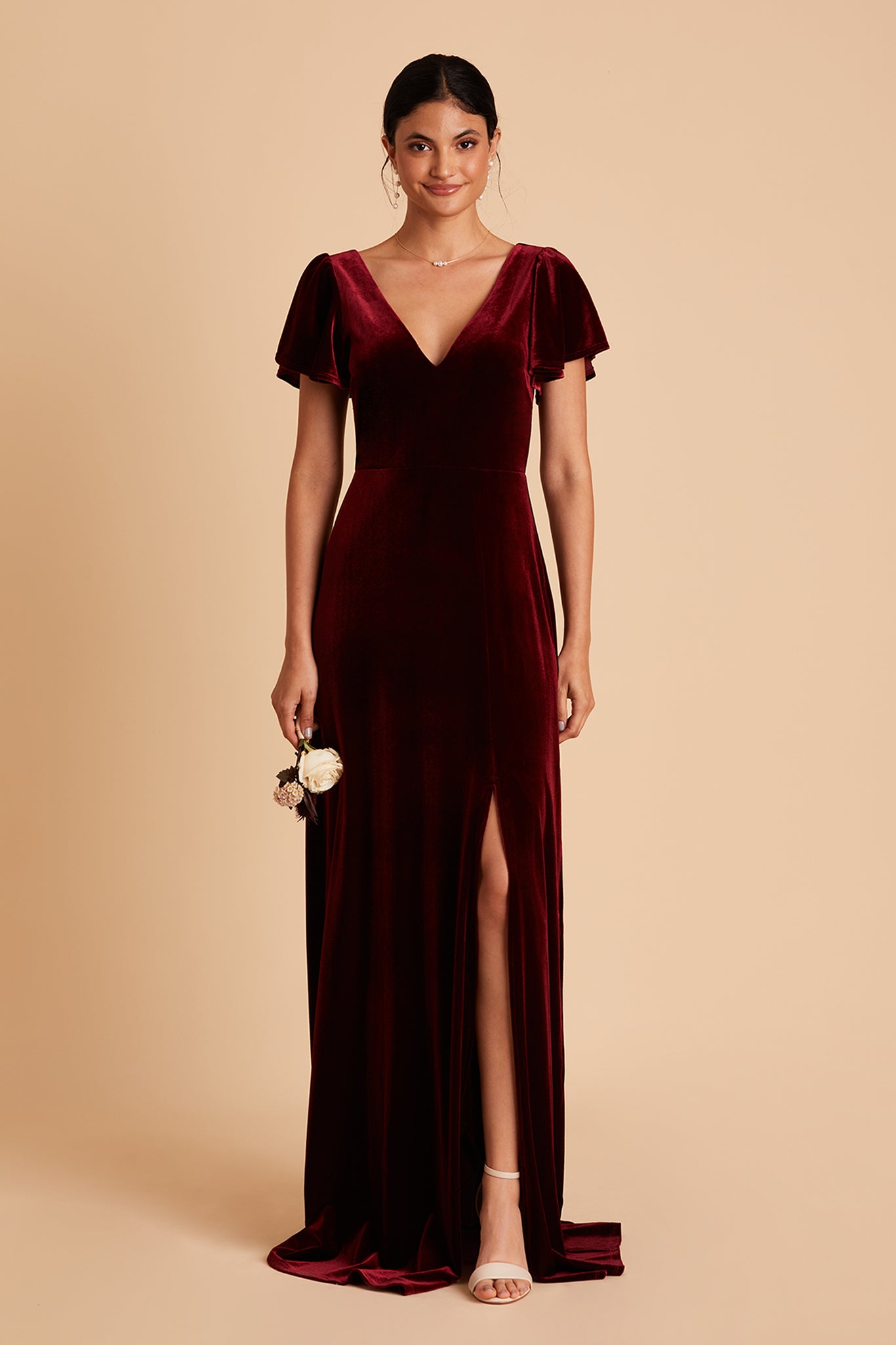 Hannah bridesmaid dress with slit in cabernet velvet by Birdy Grey, front view