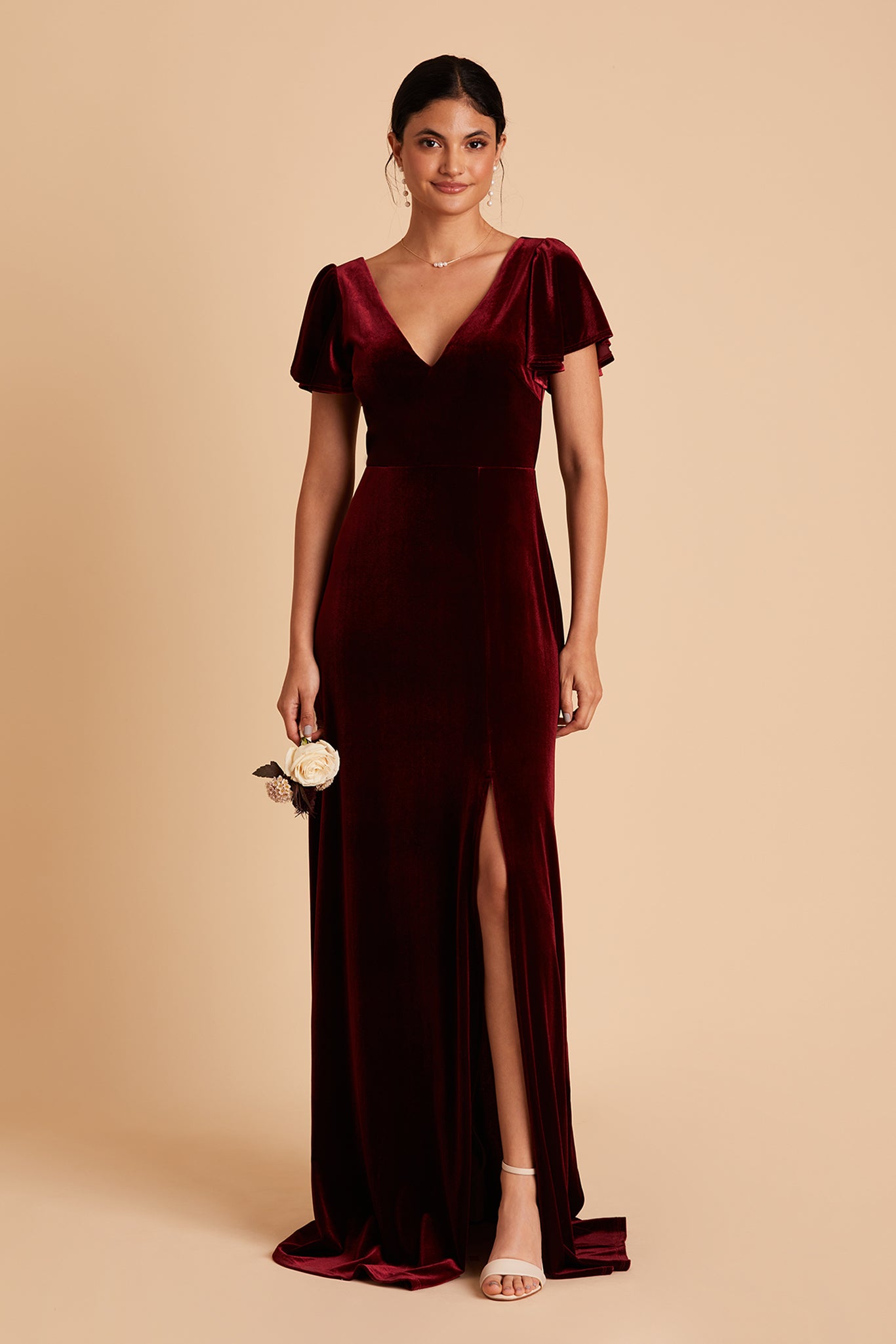 Hannah bridesmaid dress with slit in cabernet velvet by Birdy Grey, front view