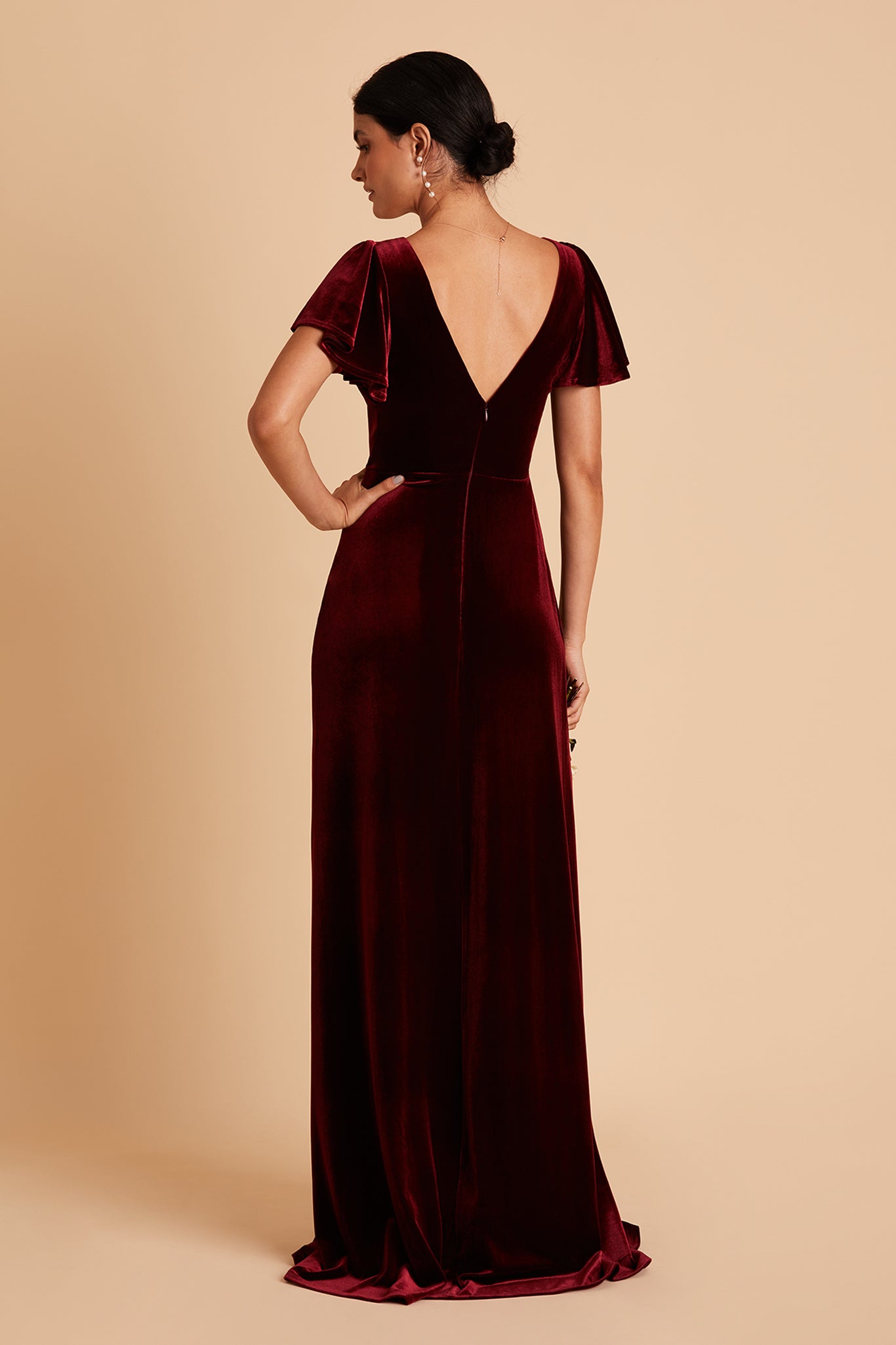 Hannah bridesmaid dress with slit in cabernet velvet by Birdy Grey, back view