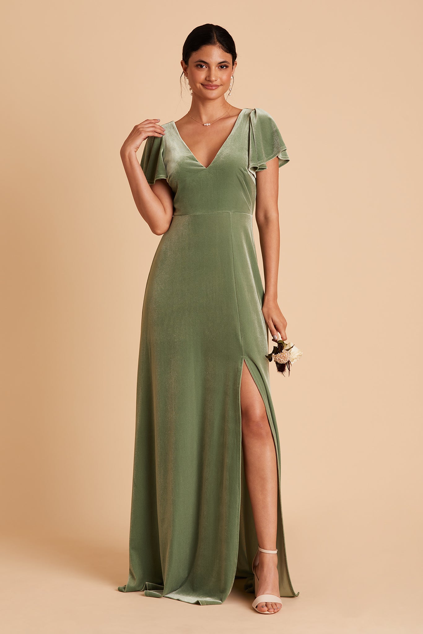 Hannah bridesmaid dress with slit in dark sage velvet by Birdy Grey, front view