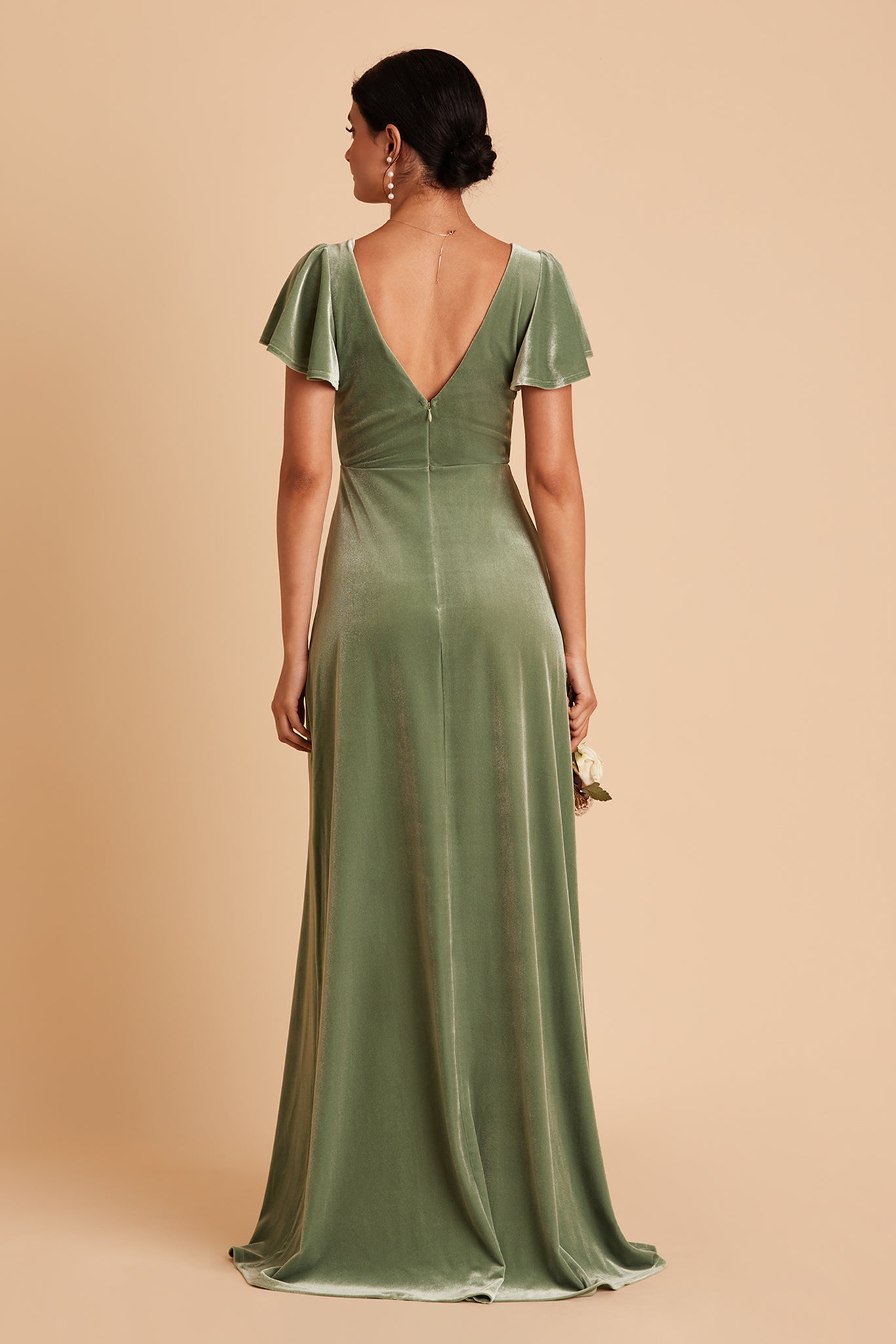 Hannah bridesmaid dress with slit in dark sage velvet by Birdy Grey, back view