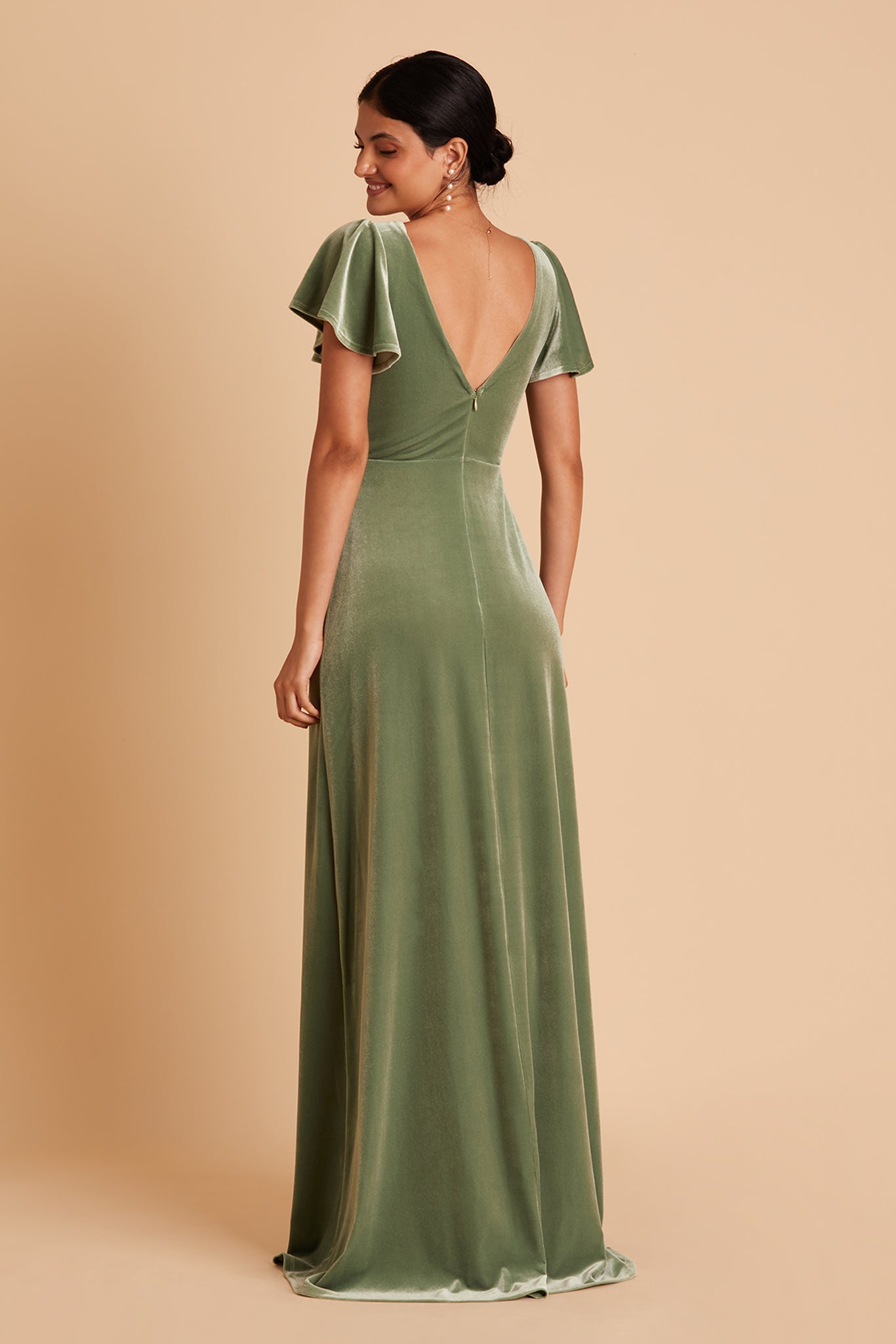 Hannah bridesmaid dress with slit in dark sage velvet by Birdy Grey, back view