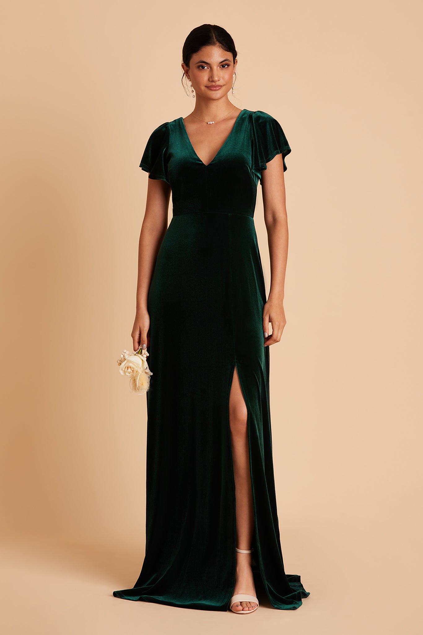Hannah bridesmaid dress with slit in emerald velvet by Birdy Grey, front view