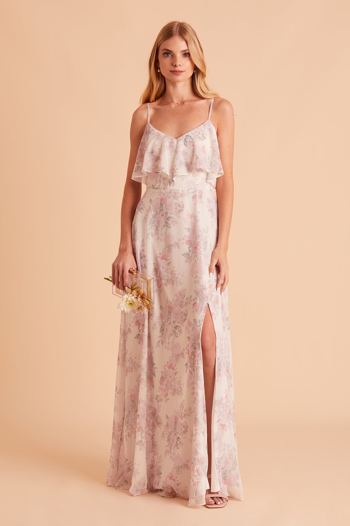 Jane convertible bridesmaid dress with slit in blush bouquet floral print chiffon by Birdy Grey, front view