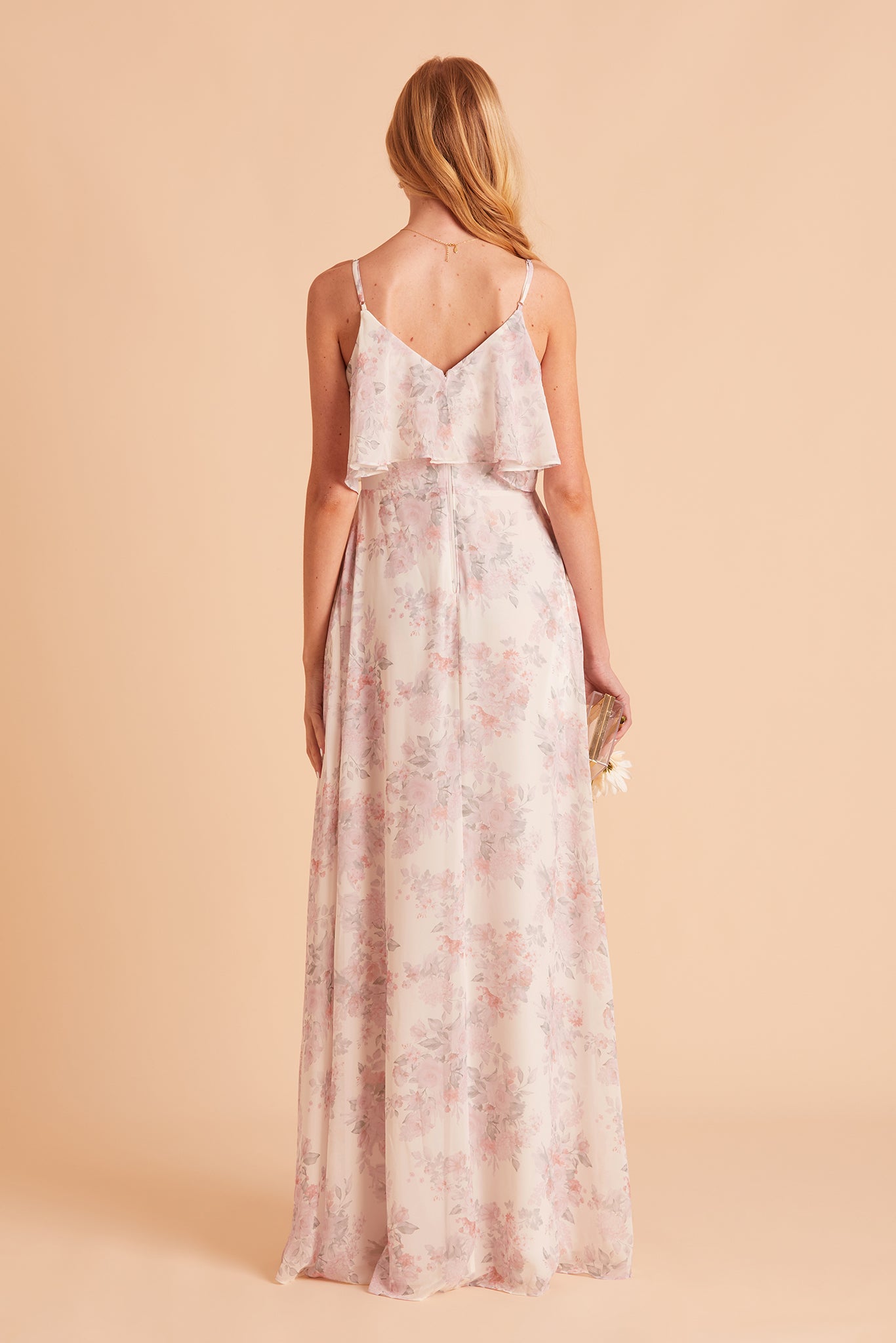 Jane convertible bridesmaid dress with slit in blush bouquet floral print chiffon by Birdy Grey, back view