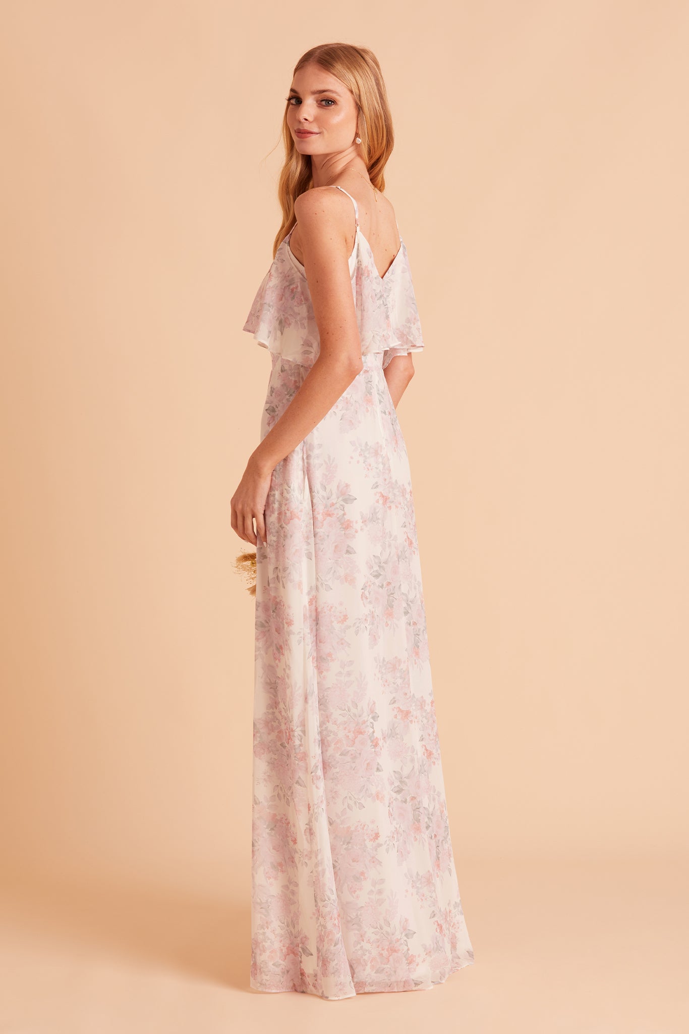 Jane convertible bridesmaid dress with slit in blush bouquet floral print chiffon by Birdy Grey, side view
