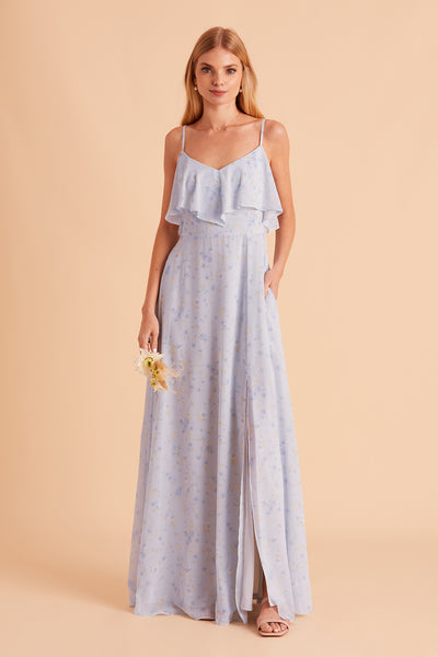 Jane convertible bridesmaid dress with slit in dusty blue floret floral print chiffon by Birdy Grey, front view