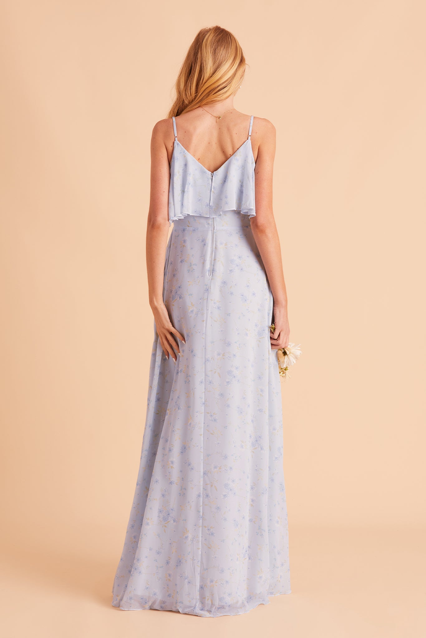 Jane convertible bridesmaid dress with slit in dusty blue floret floral print chiffon by Birdy Grey, back view