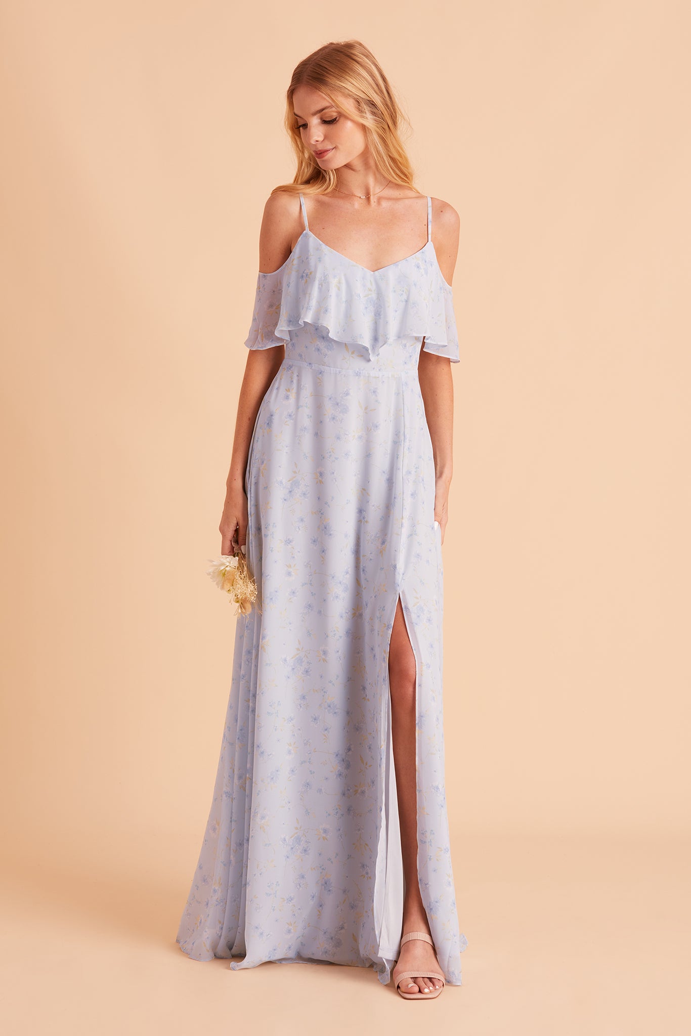 Jane convertible bridesmaid dress with slit in dusty blue floret floral print chiffon by Birdy Grey, front view