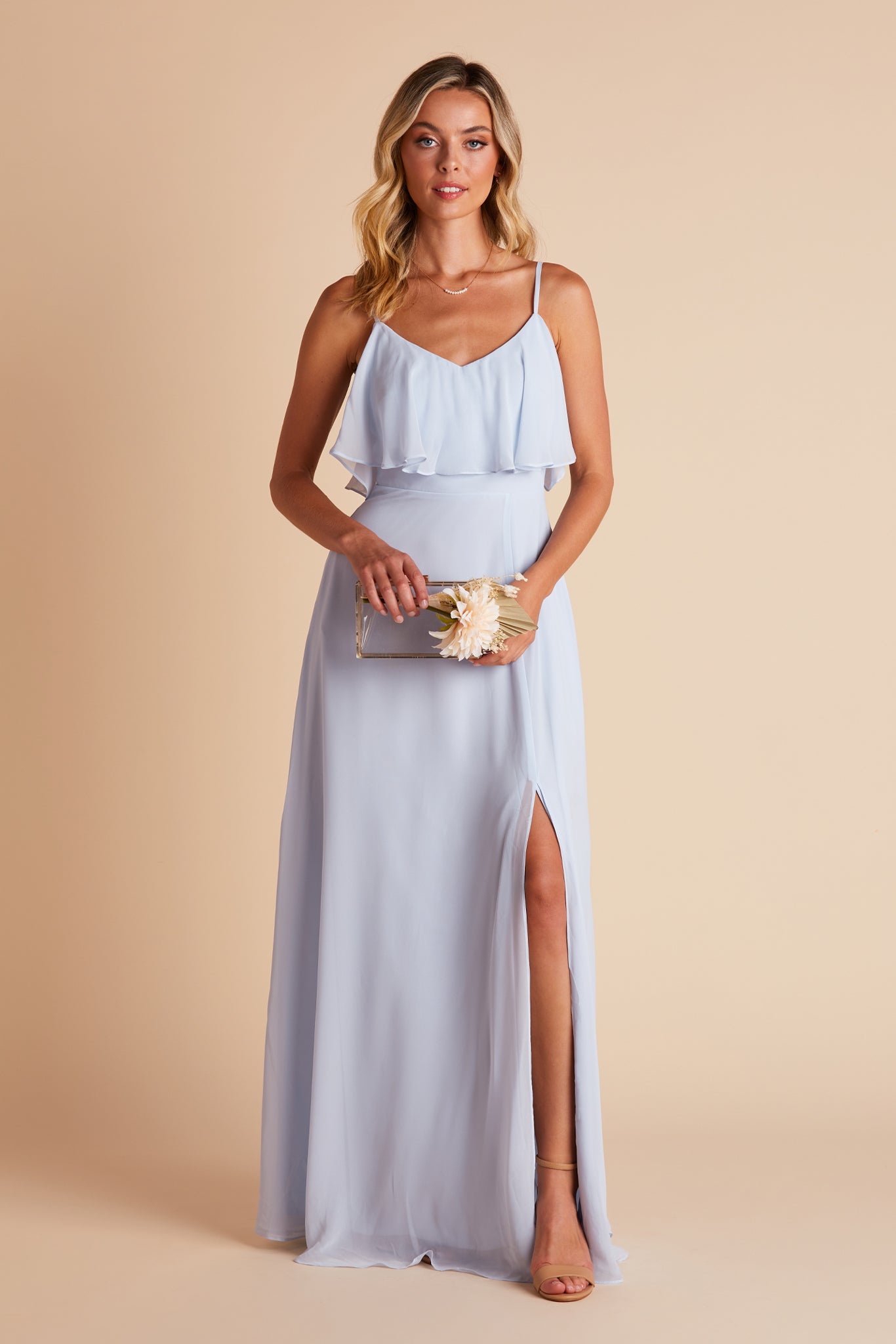Jane convertible bridesmaid dress with slit in ice blue chiffon by Birdy Grey, front view