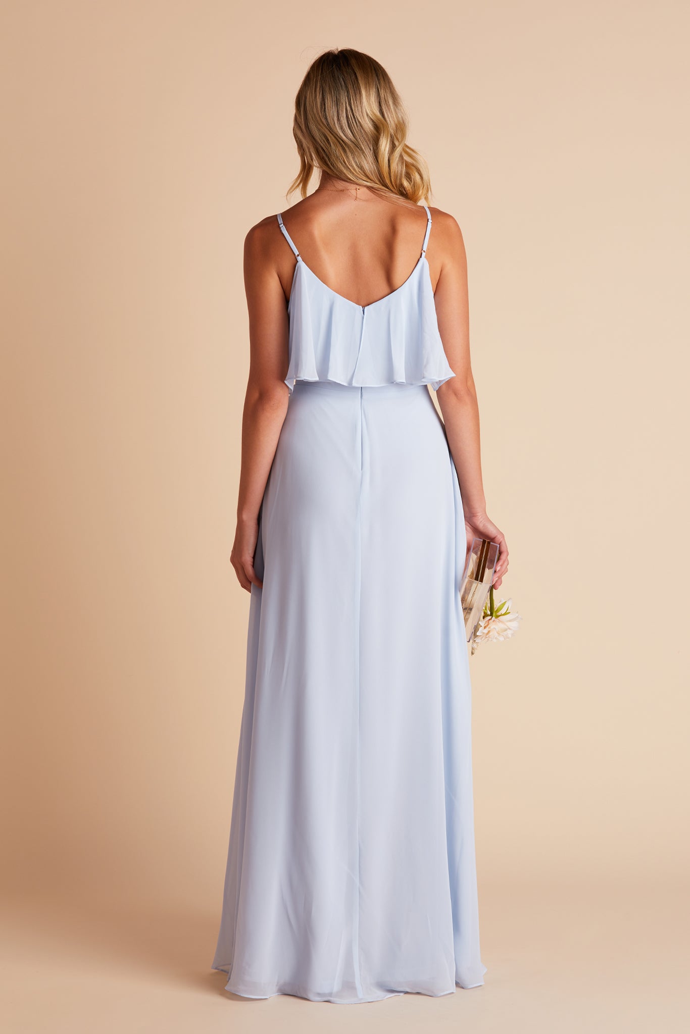 Jane convertible bridesmaid dress with slit in ice blue chiffon by Birdy Grey, back view