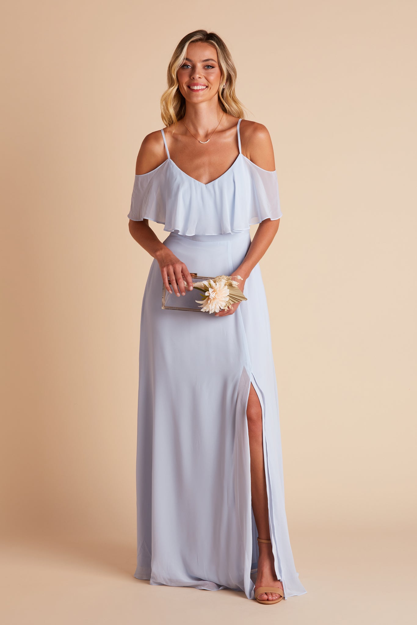 Jane convertible bridesmaid dress with slit in ice blue chiffon by Birdy Grey, front view