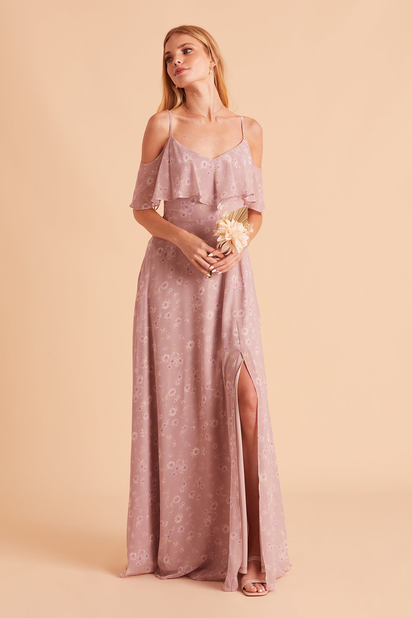 Jane convertible bridesmaid dress with slit in Mauve floret floral print chiffon by Birdy Grey, front view