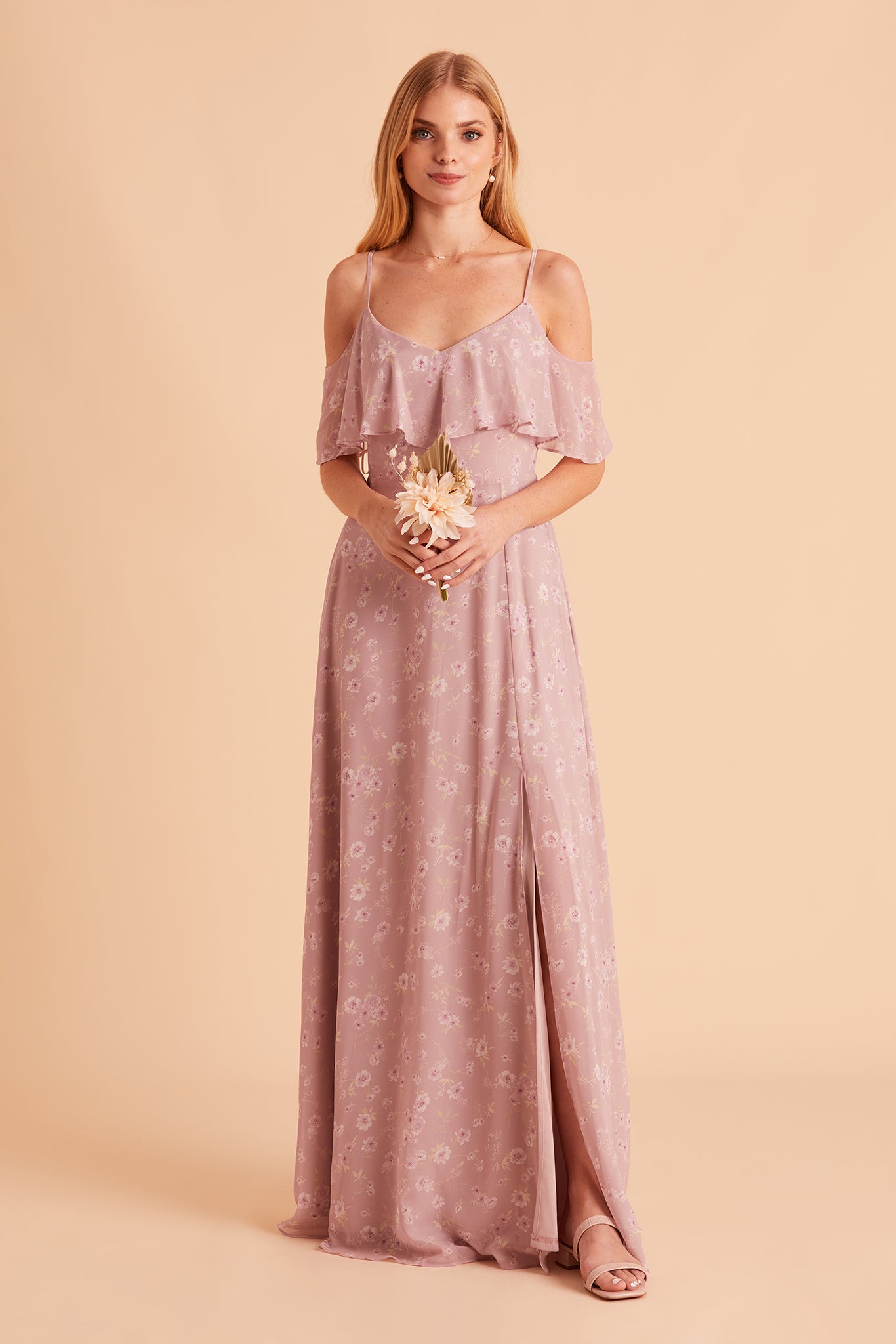 Jane convertible bridesmaid dress with slit in Mauve floret floral print chiffon by Birdy Grey, front view