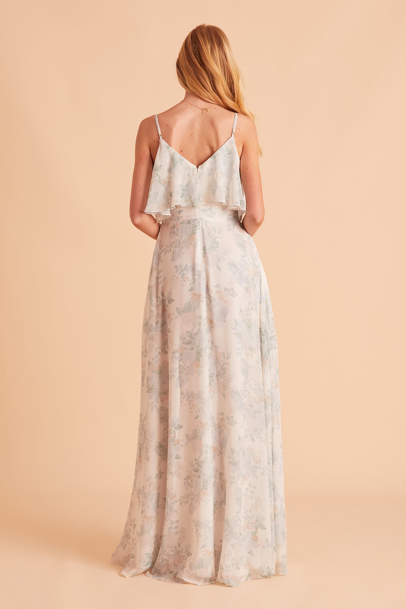 Jane convertible bridesmaid dress with slit in sage bouquet floral print chiffon by Birdy Grey, back view