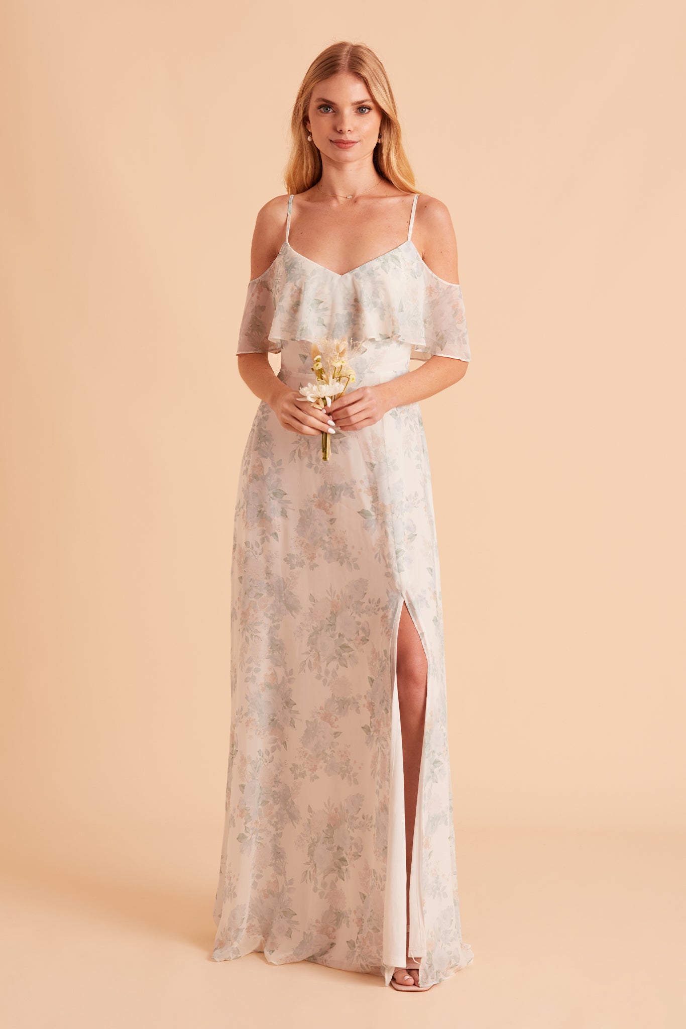 Jane convertible bridesmaid dress with slit in sage bouquet floral print chiffon by Birdy Grey, front view
