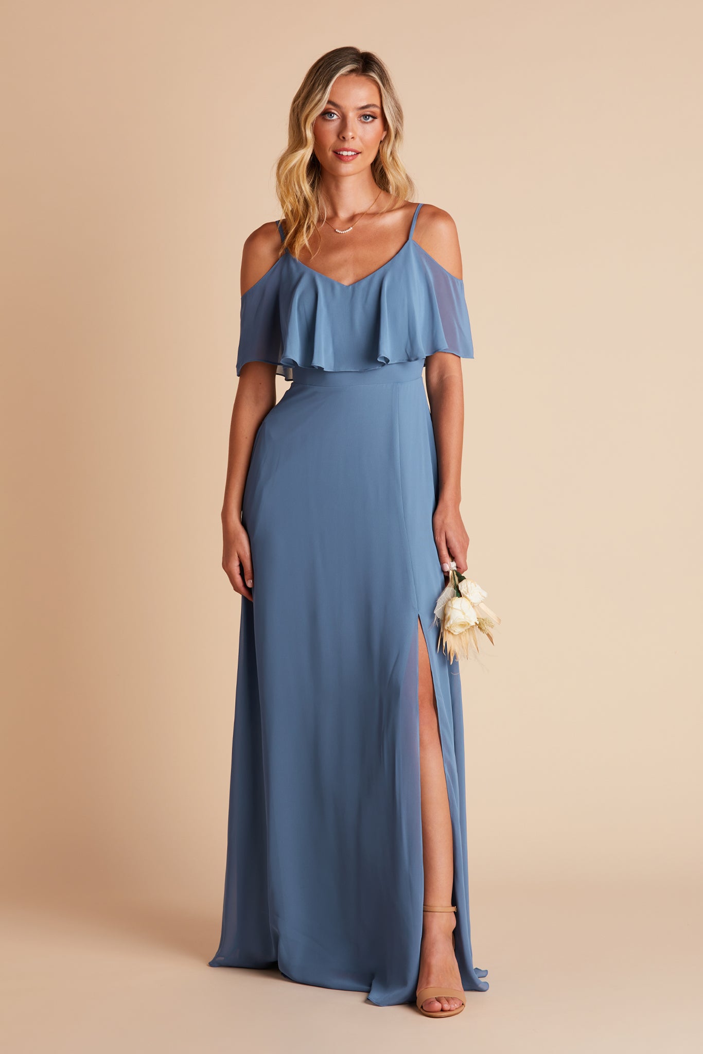 Jane convertible bridesmaid dress with slit in twilight blue chiffon by Birdy Grey, front view