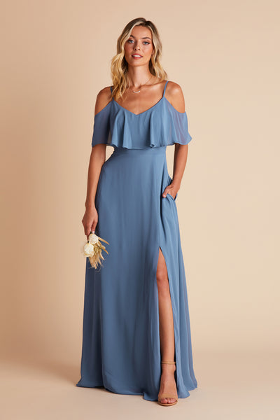 Jane convertible bridesmaid dress with slit in twilight blue chiffon by Birdy Grey, front view with hand in pocket