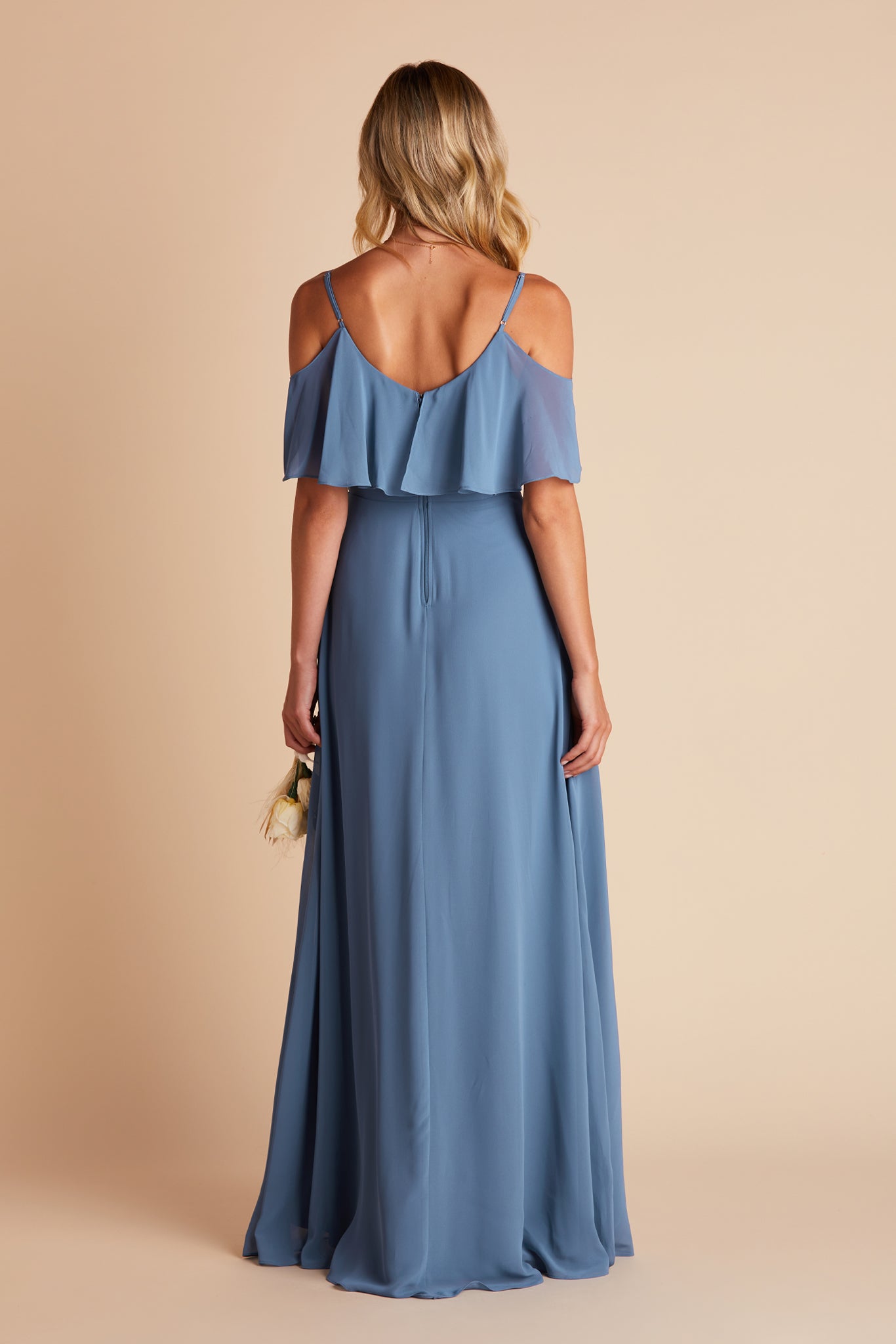 Jane convertible bridesmaid dress with slit in twilight blue chiffon by Birdy Grey, back view