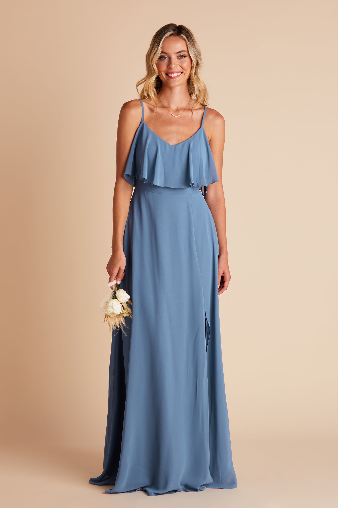 Jane convertible bridesmaid dress in twilight blue chiffon by Birdy Grey, front view