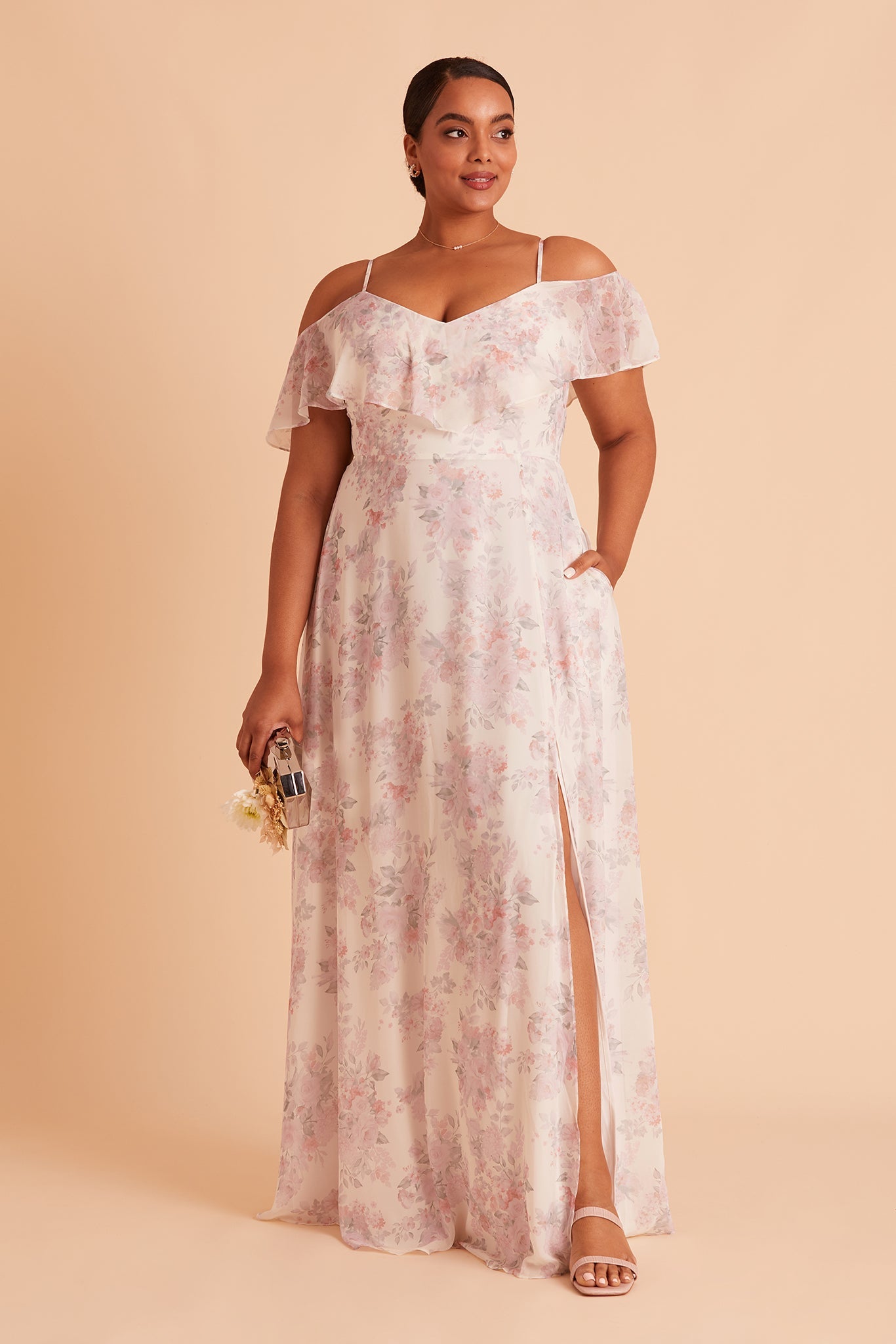 Jane convertible plus size bridesmaid dress with slit in blush bouquet floral chiffon by Birdy Grey, front view