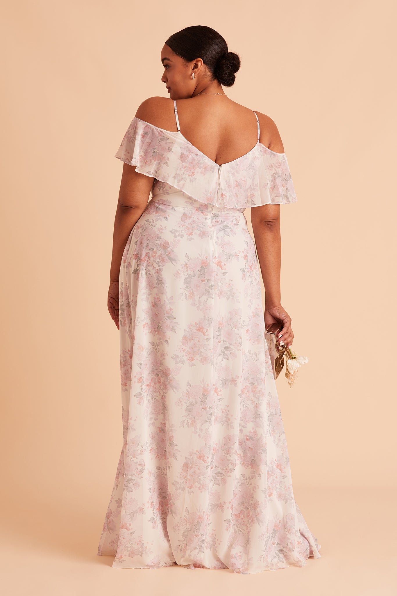 Jane convertible plus size bridesmaid dress with slit in blush bouquet floral chiffon by Birdy Grey, back view