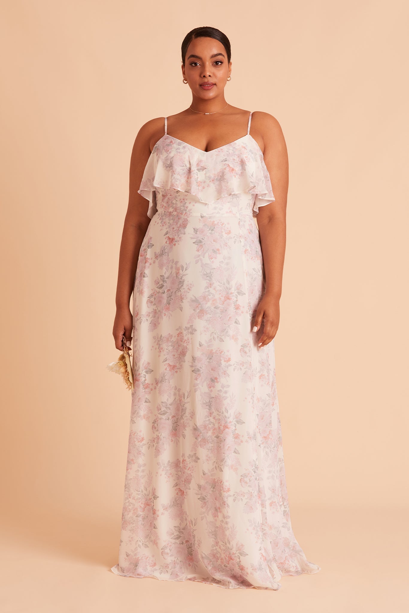 Jane convertible plus size bridesmaid dress with slit in blush bouquet floral chiffon by Birdy Grey, front view