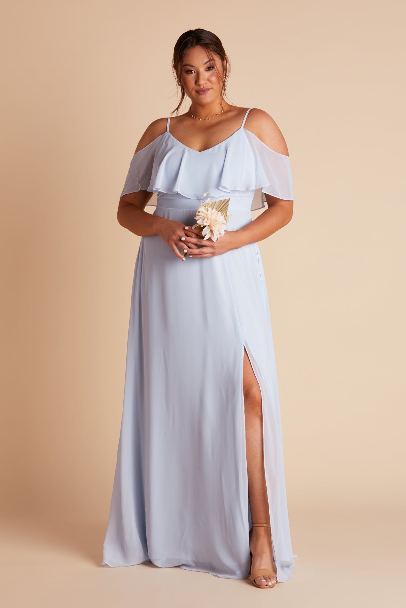 Jane convertible plus size bridesmaid dress with slit in ice blue chiffon by Birdy Grey, front view