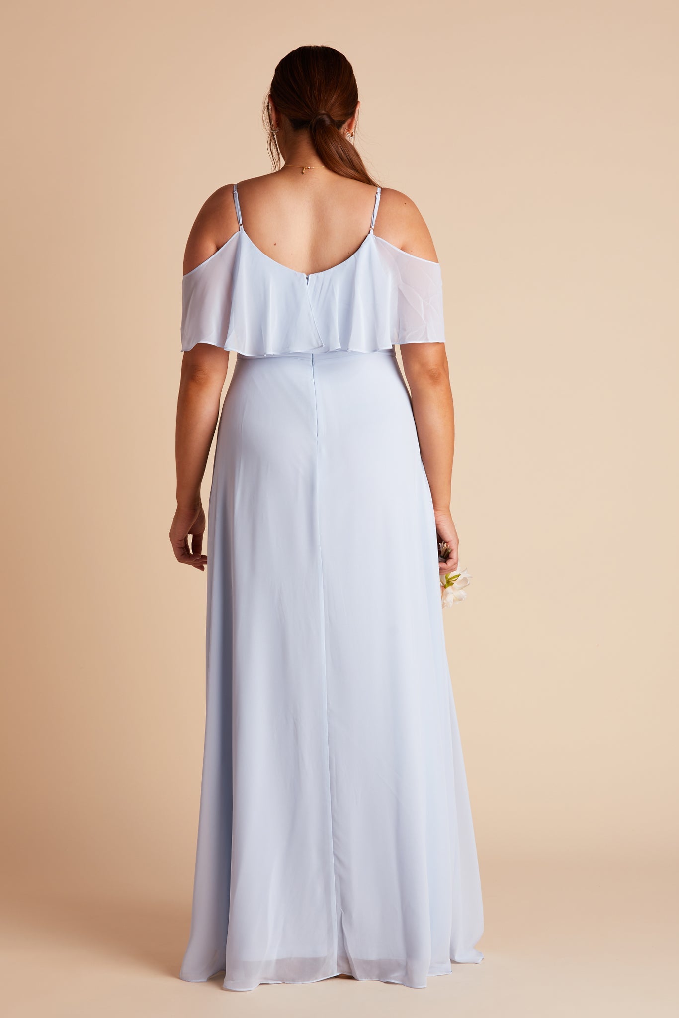 Jane convertible plus size bridesmaid dress with slit in ice blue chiffon by Birdy Grey, back view