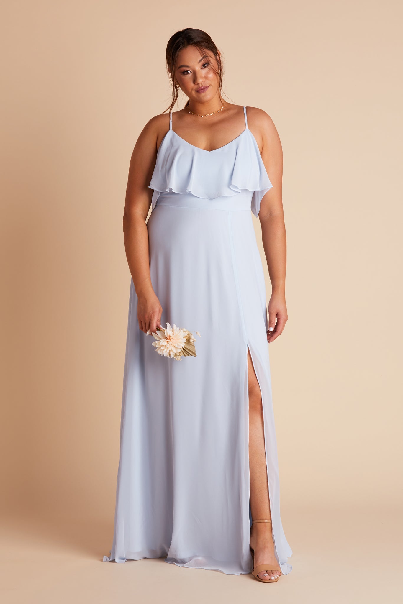 Jane convertible plus size bridesmaid dress with slit in ice blue chiffon by Birdy Grey, front view