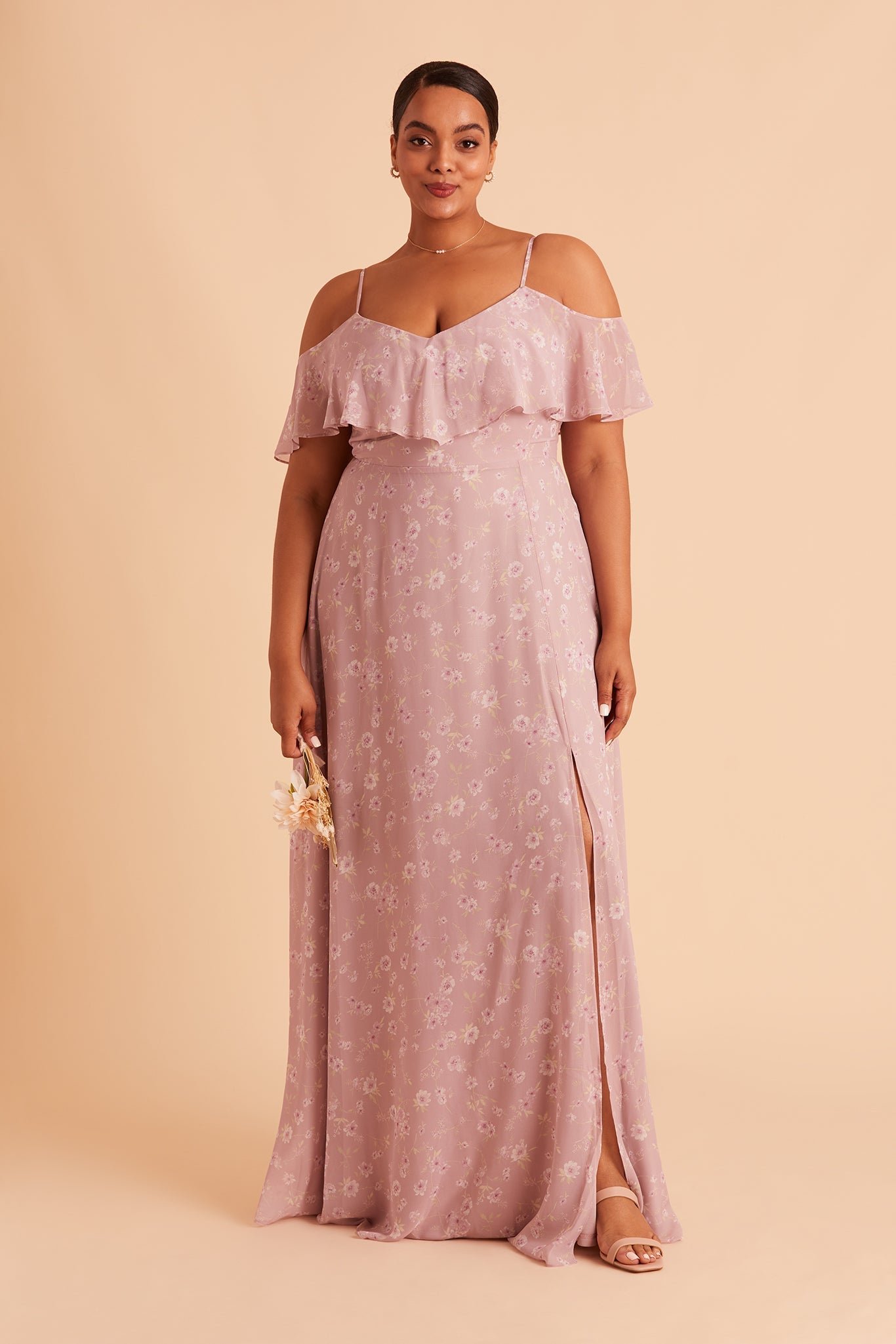 Jane convertible plus size bridesmaid dress with slit in mauve floret floral chiffon by Birdy Grey, front view