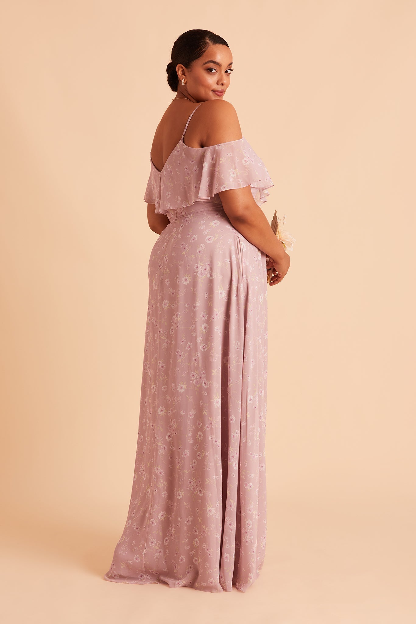 Jane convertible plus size bridesmaid dress with slit in mauve floret floral chiffon by Birdy Grey, side view