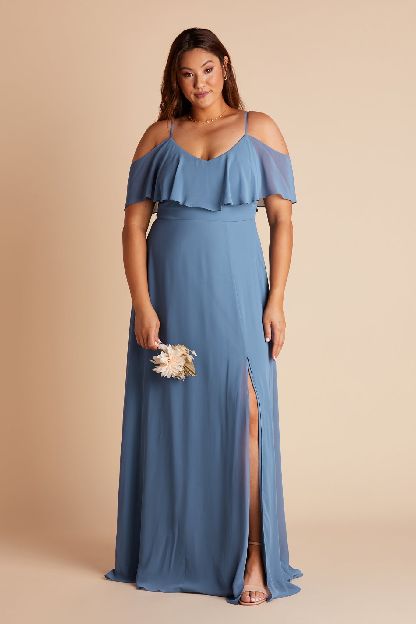Jane convertible plus size bridesmaid dress with slit in twilight blue chiffon by Birdy Grey, front view