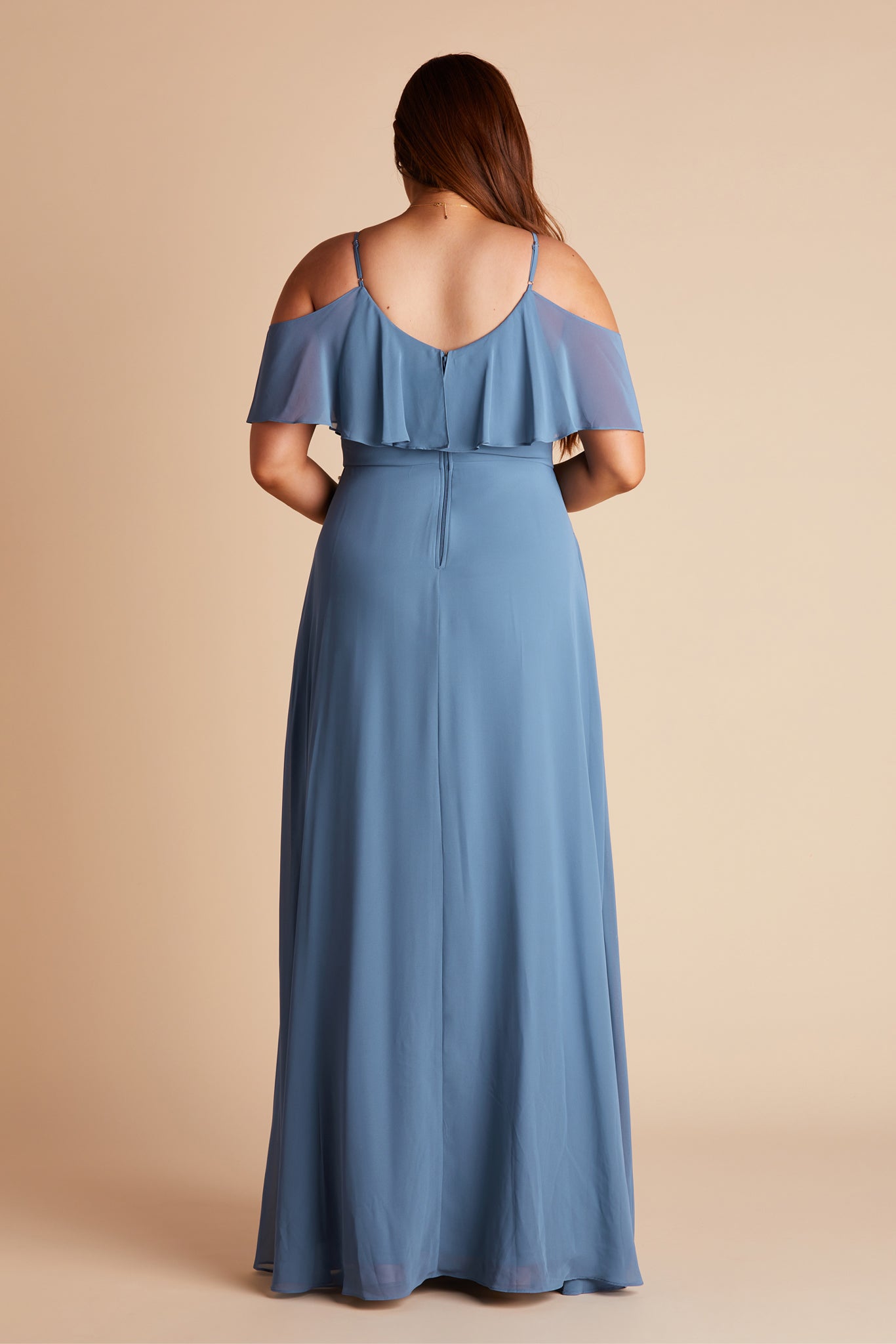 Jane convertible plus size bridesmaid dress with slit in twilight blue chiffon by Birdy Grey, back view