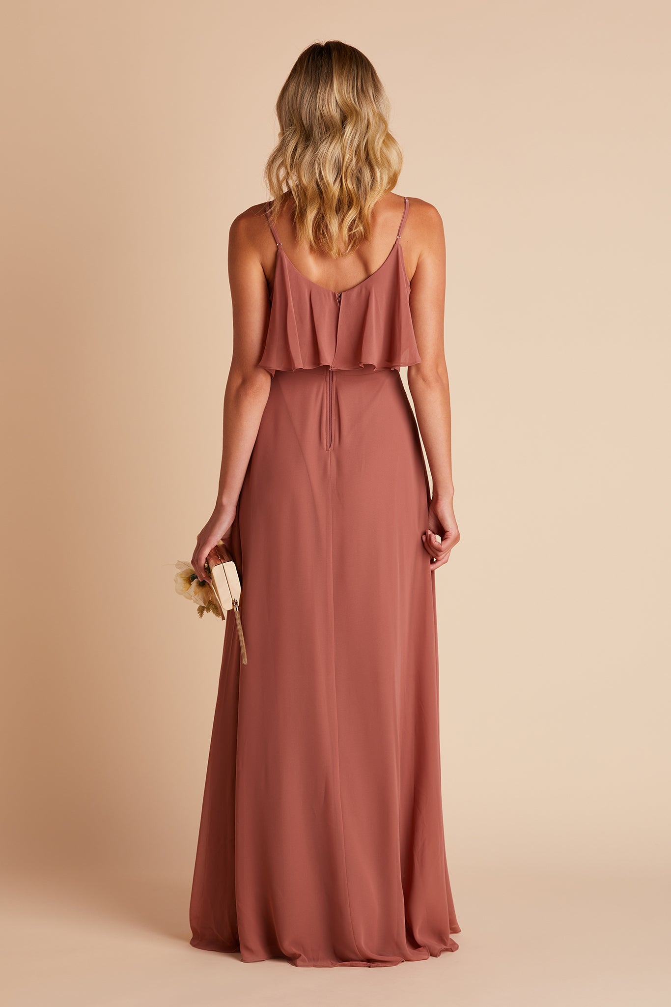 Jane convertible bridesmaid dress with slit in desert rose chiffon by Birdy Grey, back view