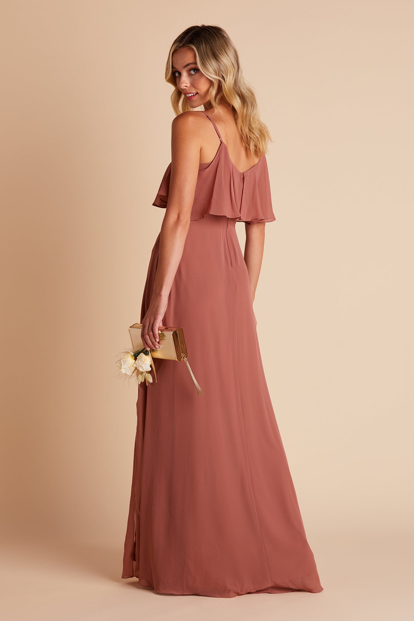 Jane convertible bridesmaid dress with slit in desert rose chiffon by Birdy Grey, side view