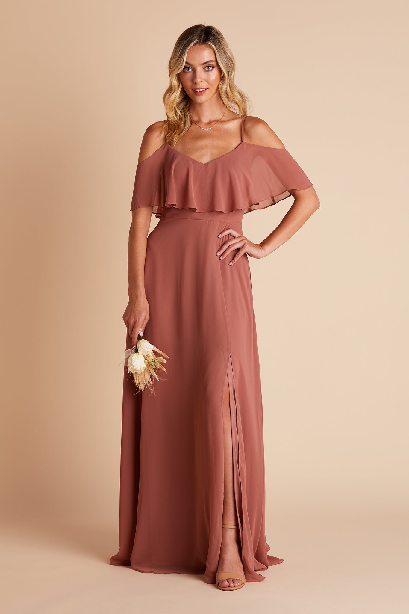 Jane convertible bridesmaid dress with slit in desert rose chiffon by Birdy Grey, front view