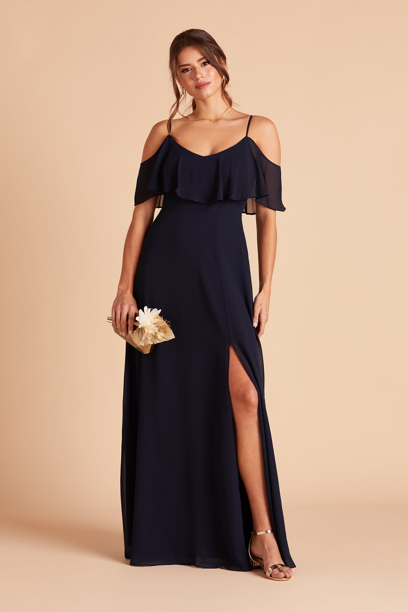 Jane convertible bridesmaid dress with slit in navy blue chiffon by Birdy Grey, front view