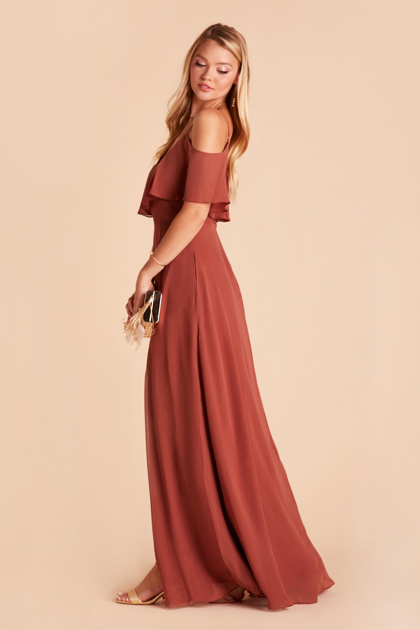 Jane convertible bridesmaid dress with slit in spice chiffon by Birdy Grey, side view