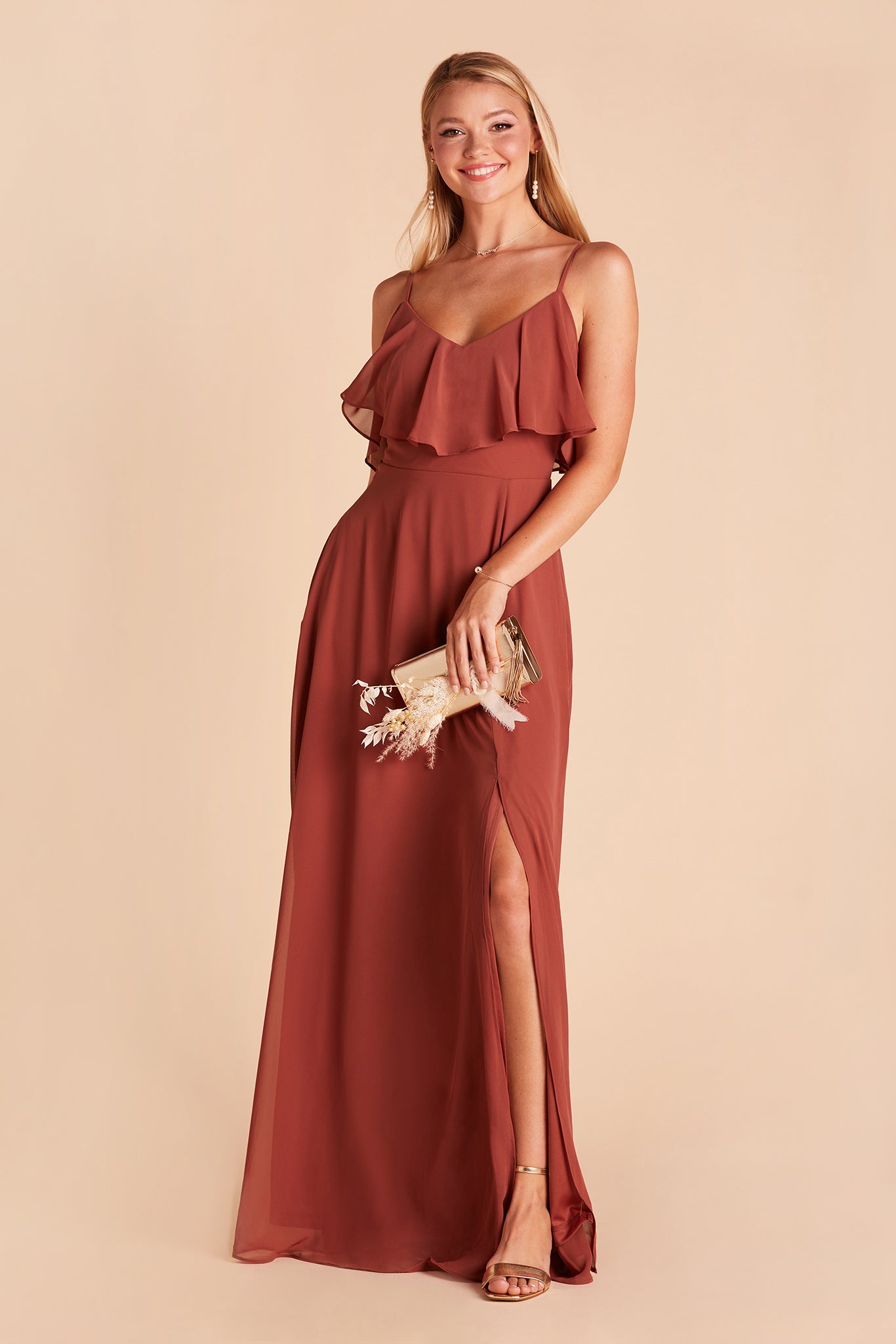 Jane convertible bridesmaid dress with slit in spice chiffon by Birdy Grey, front view