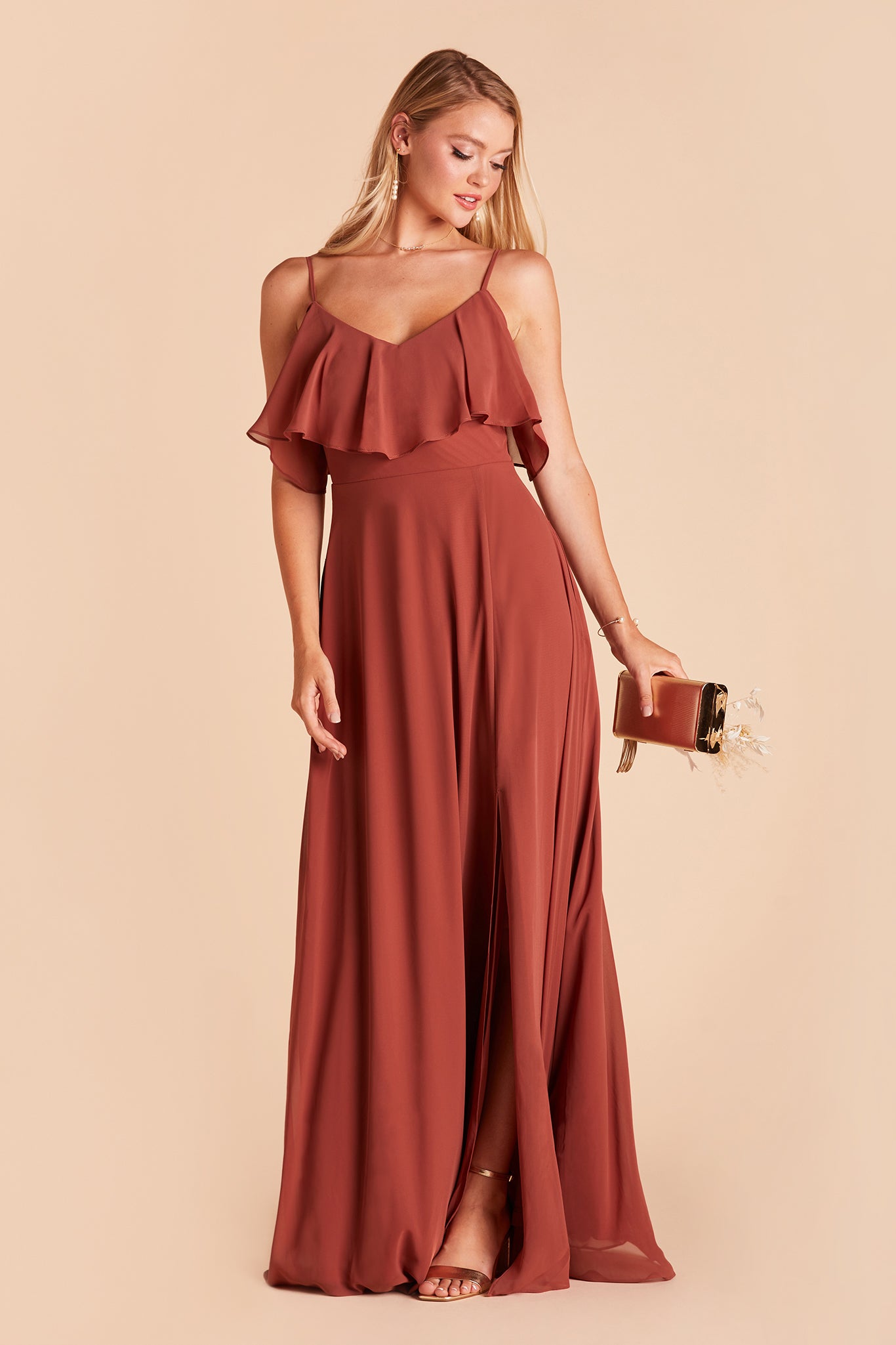 Jane convertible bridesmaid dress with slit in spice chiffon by Birdy Grey, front view
