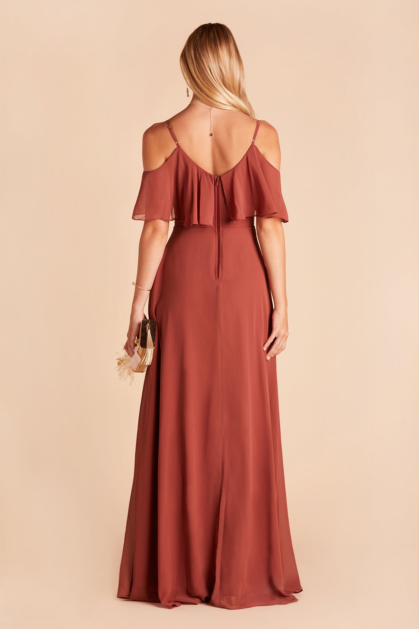 Jane convertible bridesmaid dress with slit in spice chiffon by Birdy Grey, back view